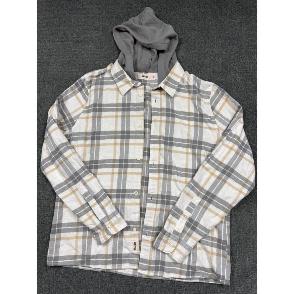 Hollister Mens Hooded Plaid Flannel Shirt XL White Grey Tan Long Sleeve Layered